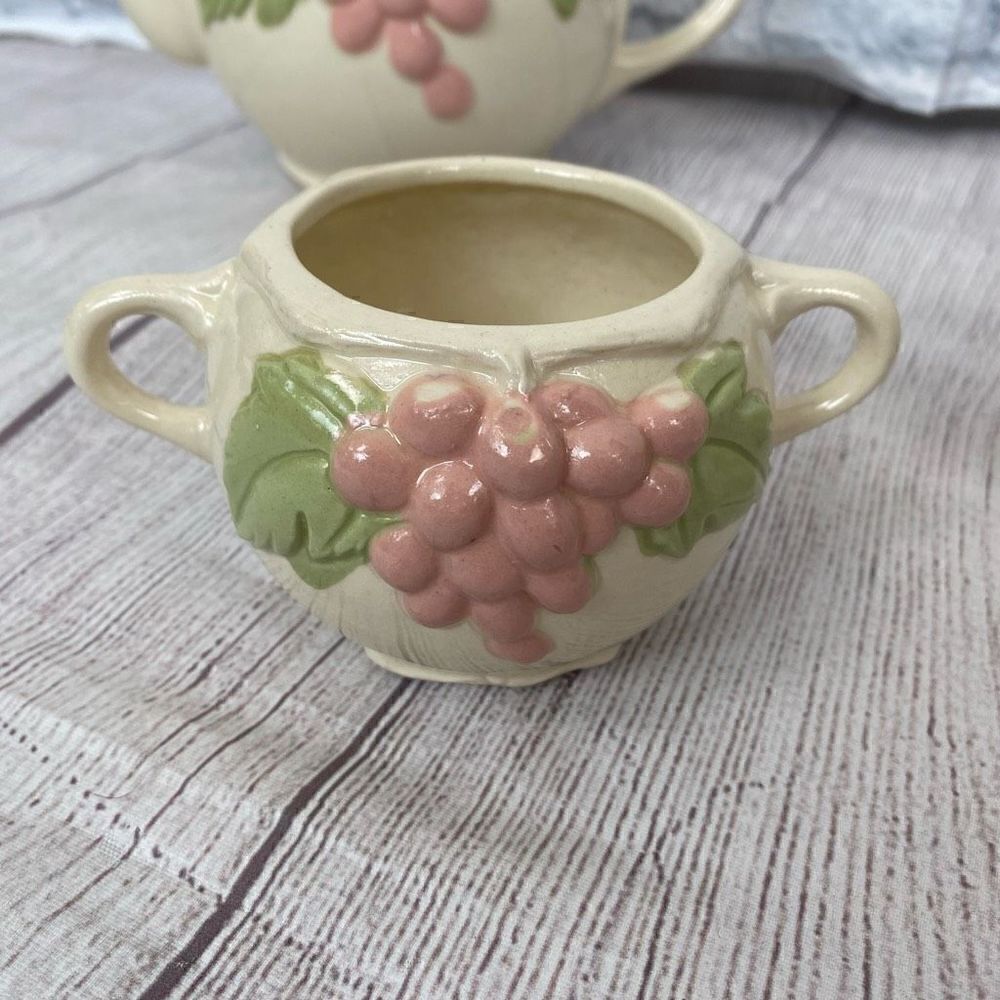 Teapot set w/leaves & grapes teapot sugar & creamer bowl ivory & pink - Picture 4 of 11